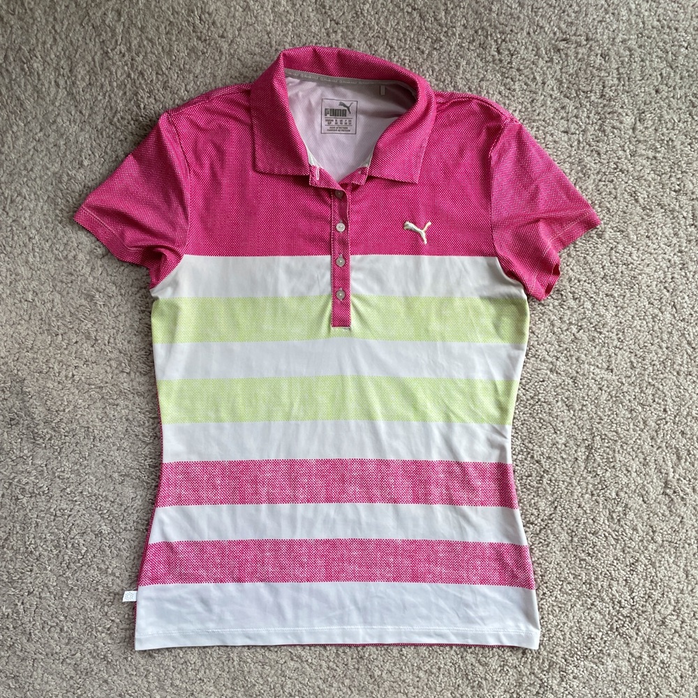 Puma Golf Pink White Lime Green Athletic Short Sleeve Polo Shirt Size Small